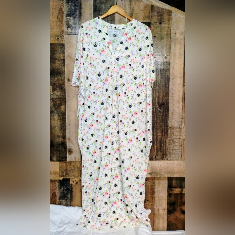 Vintage 1970s Jon Haggins For Barad Caftan Dress Nightgown Floral Print One Size